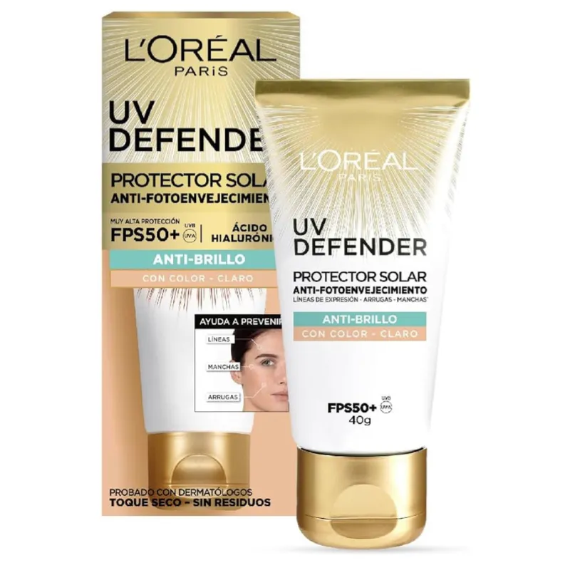 L'Oréal Paris Protector Solar Diario Anti-Brillo FPS50+ UV Defender Tono Claro, 40g