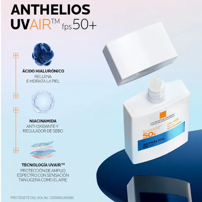 La Roche-Posay Anthelios UV AIR Protector Solar Ligero FP50+ Rapida Absorción con Ácido Hialurónico y Niacinamida