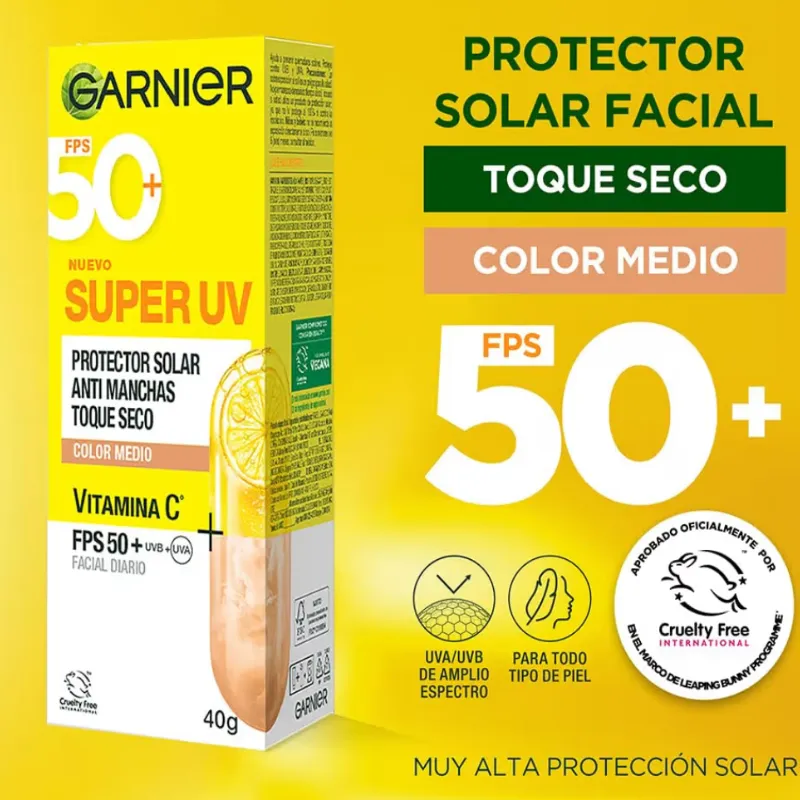 Garnier Super UV Protector Solar Facial Toque Seco Efecto Mate Con Color Tono Medio