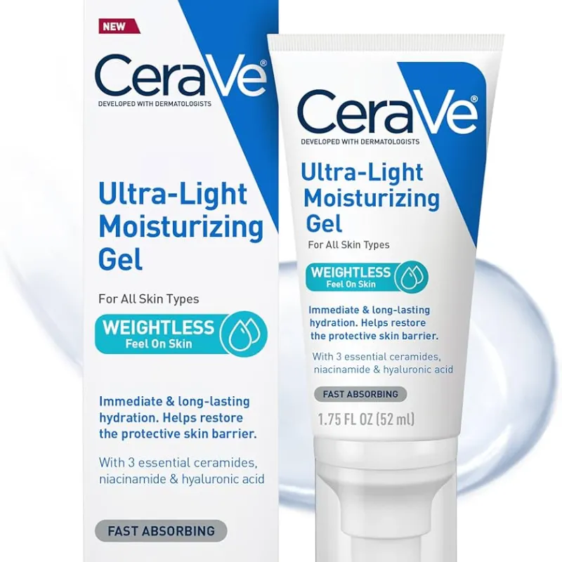 CeraVe Gel hidratante ultraligero, gel hidratante facial con ceramidas, niacinamida, ácido hialurónico, sin fragancia, sin aceite, hidratante matificante sin peso, 1.75 onzas líquidas