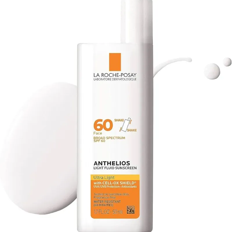 La Roche-Posay Anthelios Light Fluid Face Protector solar de amplio espectro SPF 60, protector solar para piel sensible, libre de oxibenzona, sin aceite, no comedogénico