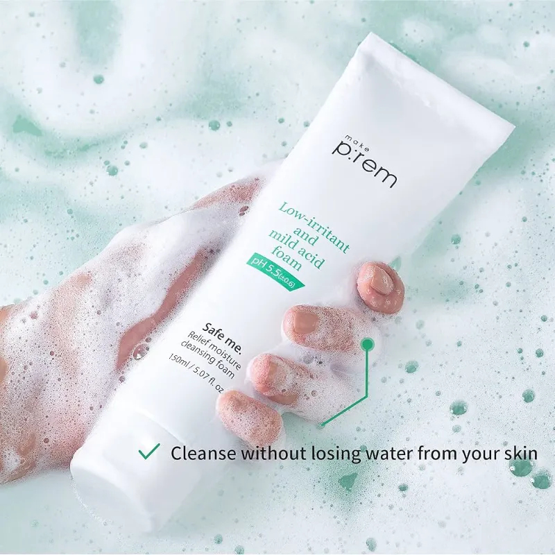 MAKEPREM Safe Me Relief - Espuma limpiadora de humedad, 5 onzas, hidratante, suave, sin pelar, pH 5.5, subácida, antienvejecimiento, sin productos químicos