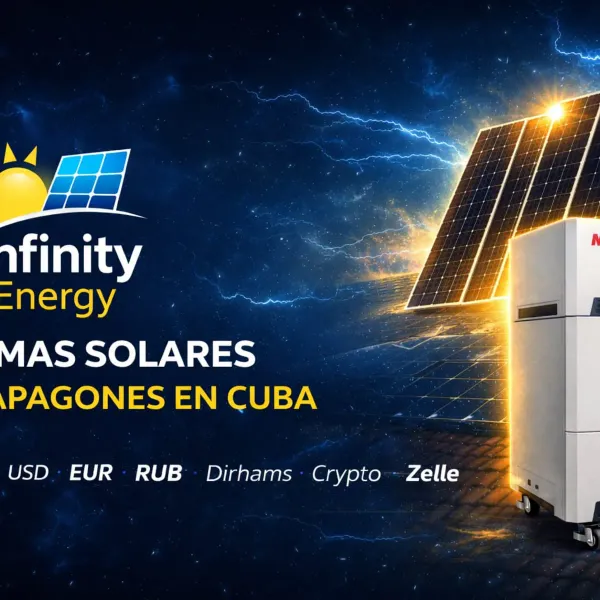 Soluciones de energía solar para hogares y negocios en Cuba.
Ofrecemos sistemas y paneles solares todo en uno con baterías de litio e inversores híbridos, diseñados para mantener electricidad en tu casa durante apagones.
Nuestros sistemas permiten alimentar equipos esenciales del hogar como:
✔ Refrigerador
✔ Televisor
✔ Ventiladores
✔ Luces del hogar
✔ Internet / WiFi
✔ Aire acondicionado / Split
Disponibles sistemas con baterías de litio de 7.16kWh y 15.3kWh, ideales para diferentes necesidades de consumo.
También ofrecemos paneles solares Jinko 565W de alta eficiencia para generación de energía solar.
💳 Pago en Cuba o desde el extranjero
CUP efectivo
CUP transferencia
USD
EUR
RUB
Dirhams
Crypto
Zelle
⚡ Solución confiable para los apagones en Cuba.