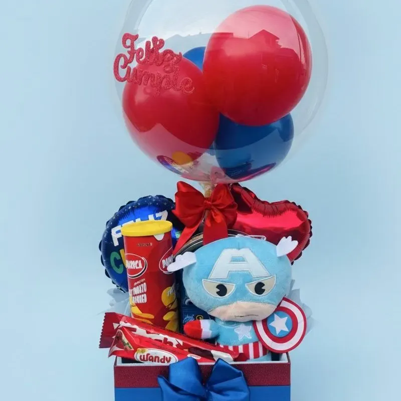 Caja con globos burbujas, peluche y confituras 