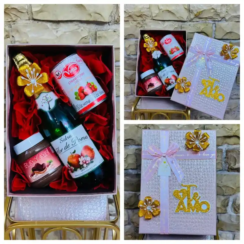 Caja con la combinación perfecta ( Botella de sidra , Nutella y lata de fresa en almíbar )