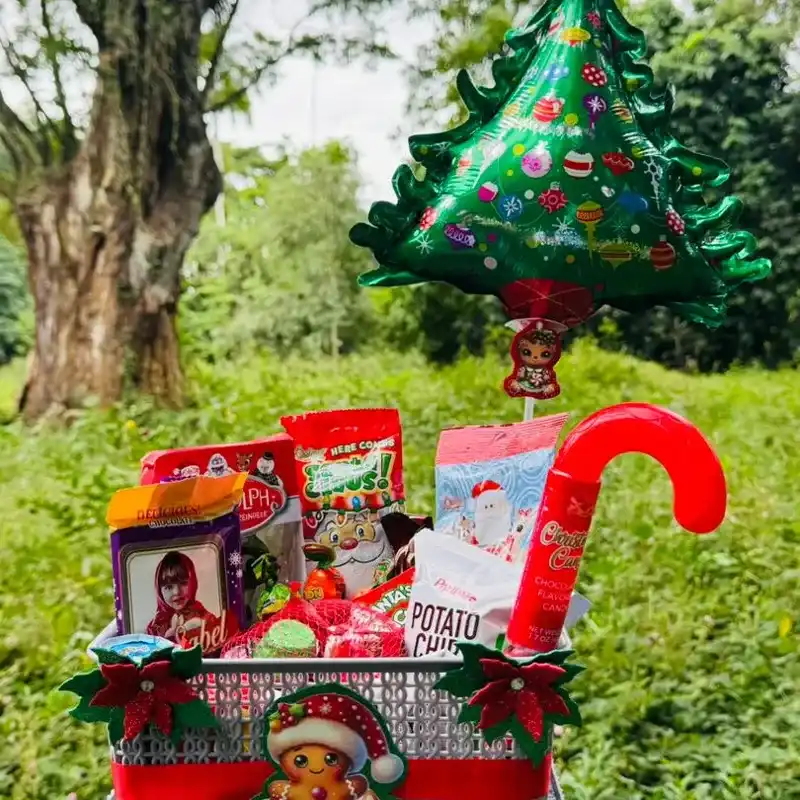 Canasta familiar exclusiva navideña  ( Surtida de diferentes tipos de bombones , tableta de chocolate , Peter temáticos con chocolate blanco , Peter, bastón de gomitas , papitas , panquesito , galleticas , chupa chupa  