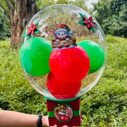 Globo burbuja con caja surtida (bombones de chocolate, malvadiscos,caramelo y chupa chupa)