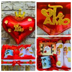 Regalo para mi reina   ( Bandeja de corazón con juego de shampoo y acondicionador, caja de bombones Ferrero Rocher y jarra temática de amor )  