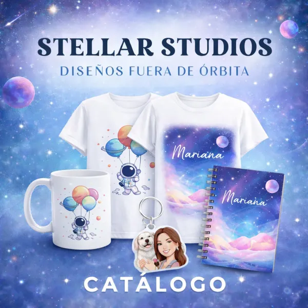 Stellar Studios es una tienda de artículos personalizados donde transformamos ideas en piezas únicas. Creamos jarras, llaveros, pullovers, cojines y muchos productos más, diseñados a tu estilo y pensados para regalar o disfrutar. Cada detalle está hecho con creatividad, calidad y un toque fuera de órbita.