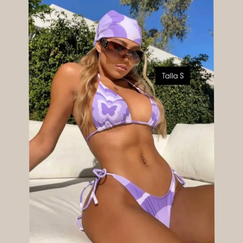 Bikini de 3 piezas con estampado de mariposas 