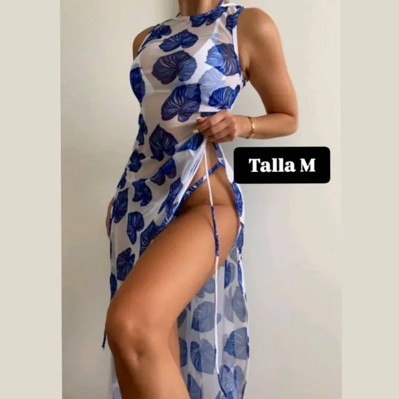 Bikini + vestido para la playa con estampado de hojas 