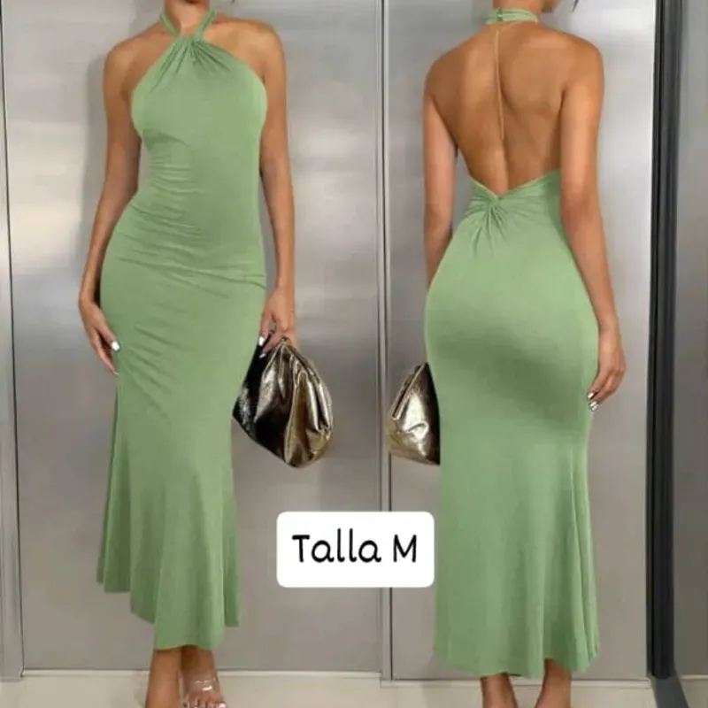 Vestido atado al cuello con abertura en la espalda 