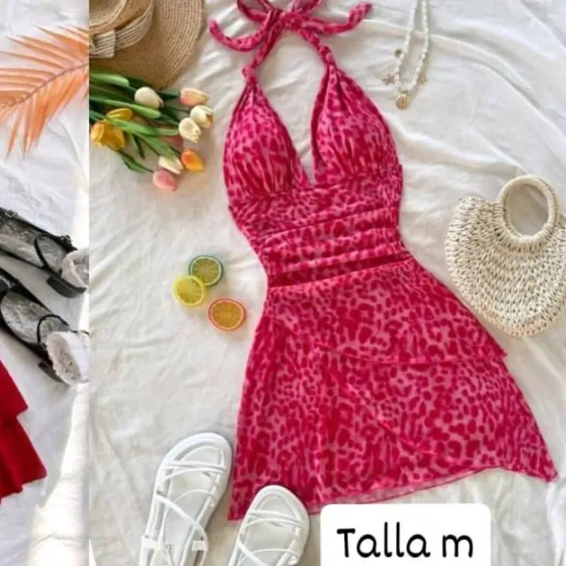 Vestido con lazo al cuello y estampado de leopardo 