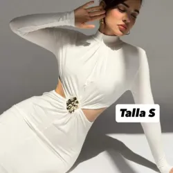 Vestido con mangas largas, abertura en la cintura y detalle dorado 