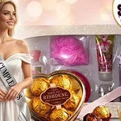 Cinta con su corona +set de perfumería con muchos productos+corazón con bombones Ferrero Rocher