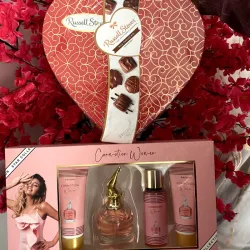 Corazón grande de bombones y caja de perfumes grande