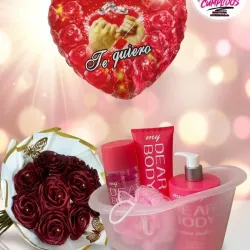 Ramo rosas eternas+set perfumería+globo temático