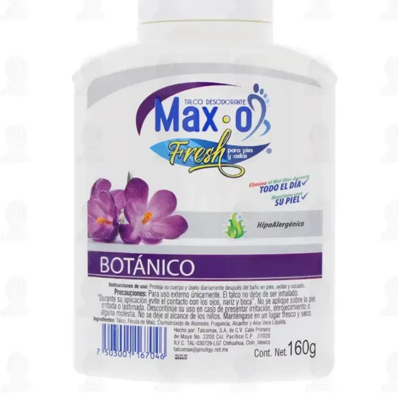 Talco Desodorante Max-O Fresh para pies y axilas aroma botánico Formato: 160g