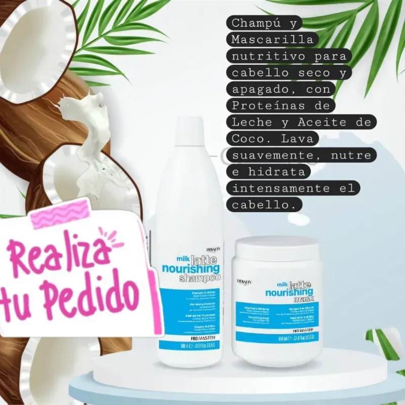 Juego de shampoo y mascarillas Dikson a base de coco y leche 