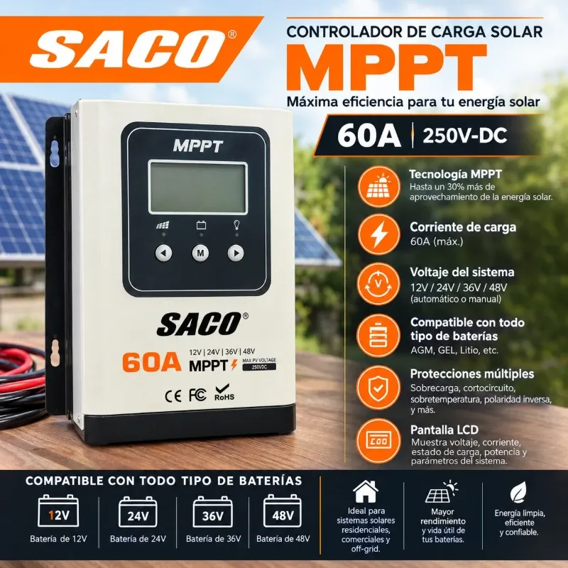 Controlador de Carga Solar MPPT de 60A y 250V-DC