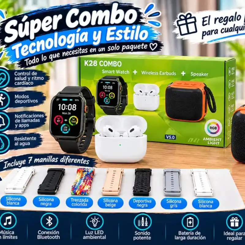 Súper Combo de Smartwatch + Bocina recargable+ Audífonos inalámbricos