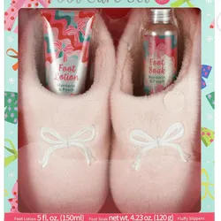 Set de Regalo para Cuidado de Pies de 3 Piezas para Mujer con Pantuflas Peluditas, Loción para Pies y Baño para Pies - Rosa