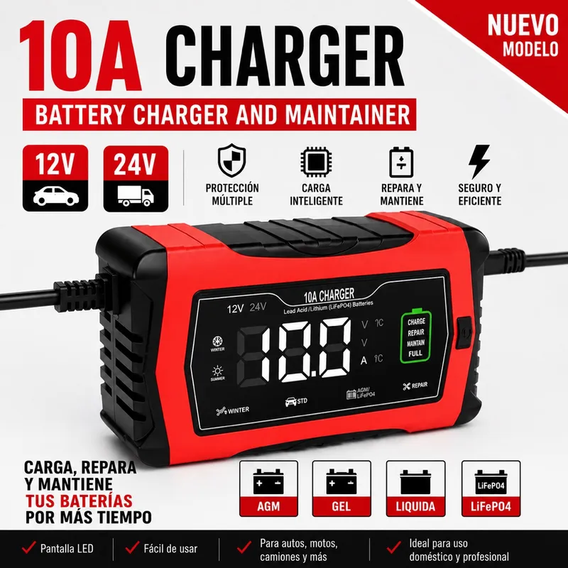 Cargador Inteligente de Baterías 10A – 12V/24V | Compatible con LiFePO₄, AGM y GEL