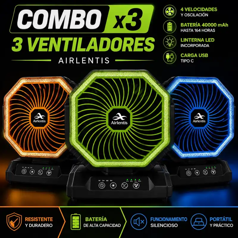 Combo de 3 Ventiladores de Camping 20,000 mAh con Luz LED