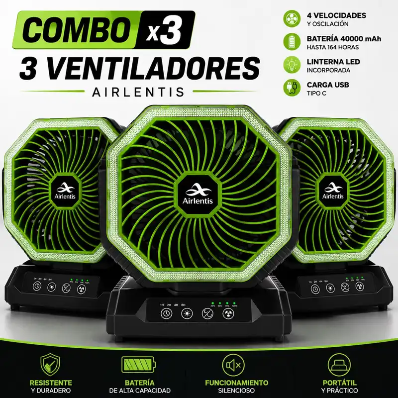 Combo de 3 Ventiladores de Camping 20,000 mAh con Luz LED