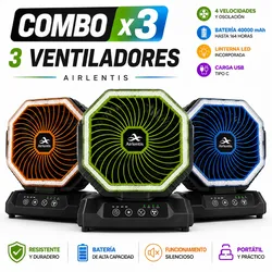 Combo de 3 Ventiladores de Camping 20,000 mAh con Luz LED