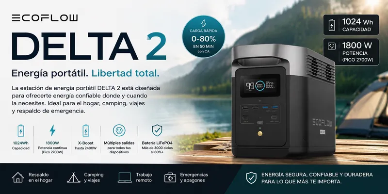 EcoFlow DELTA 2 – Estación de Energía Portátil 1024Wh / 1800W con Batería LFP y Carga Rápida