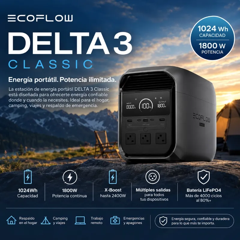 ECOFLOW  eléctrica portátil Delta 3 Classic,