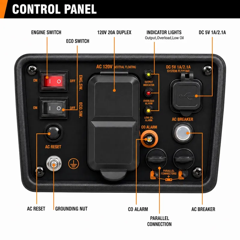 GENMAX Generador portátil, motor de gas ultra silencioso de 1200 W.