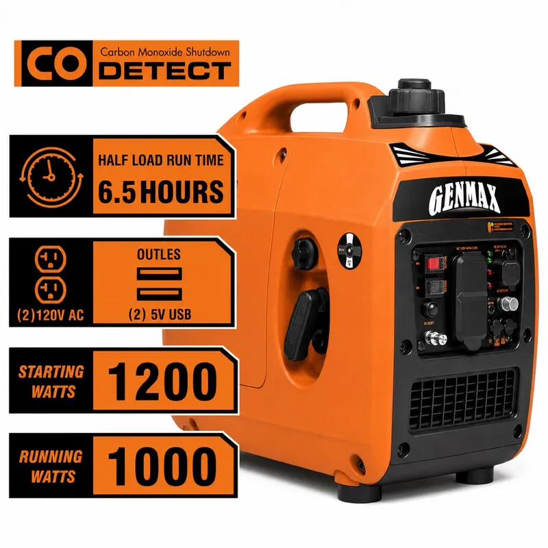 GENMAX Generador portátil, motor de gas ultra silencioso de 1200 W.