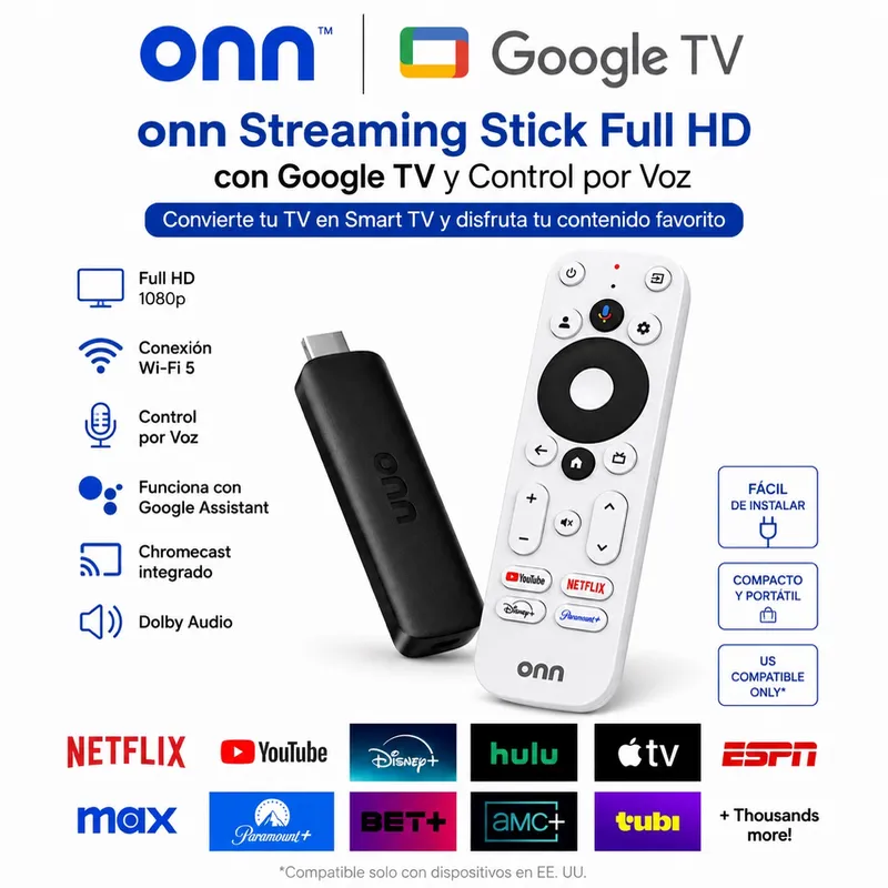 onn Streaming Stick Full HD con Google TV y Control por Voz