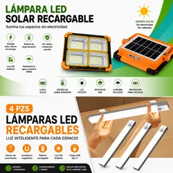Pack Especial: 2 Lámparas LED Solares Recargables IP66 Alta Potencia + 8 Luces LEDcon Sensor de Movimiento