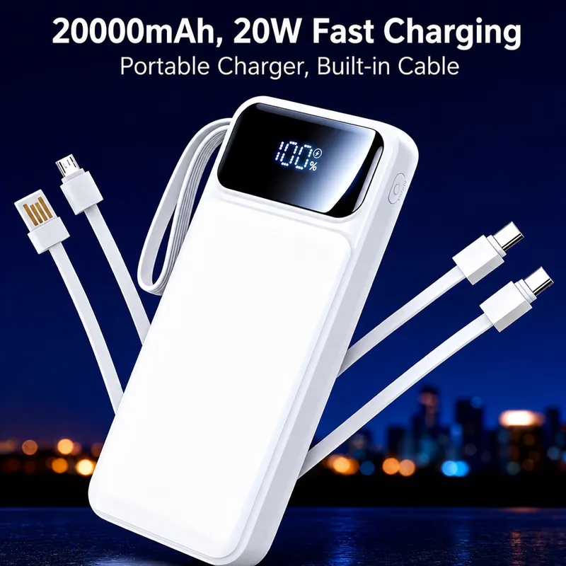 Power Bank 20,000 mAh – Carga Rápida 20W con Cables Integrados