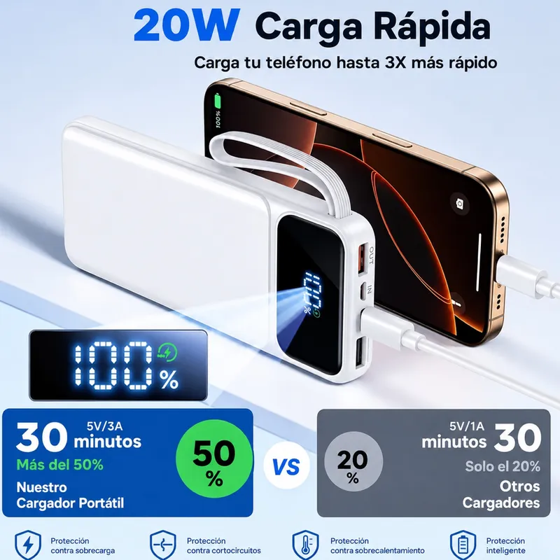 Power Bank 20,000 mAh – Carga Rápida 20W con Cables Integrados