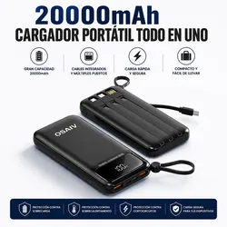 Power Bank 20,000 mAh – Carga Rápida 20W con Cables Integrados