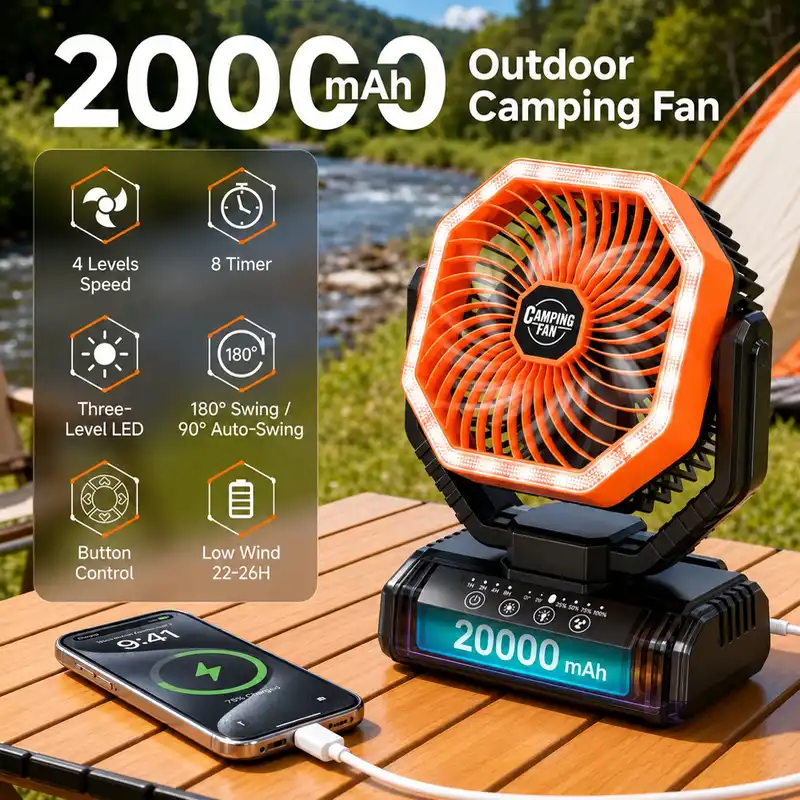 Ventilador de camping de 20000 mAh con luz LED