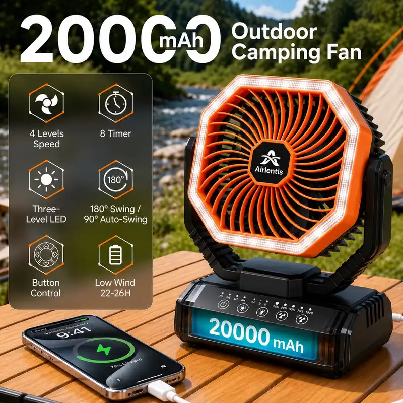 Ventilador de camping de 20000 mAh con luz LED