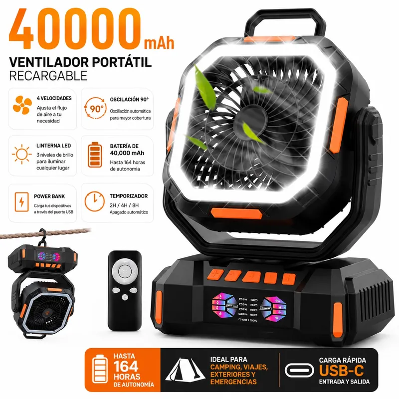 Ventilador Recargable de 40000Mah y Linterna LED.
