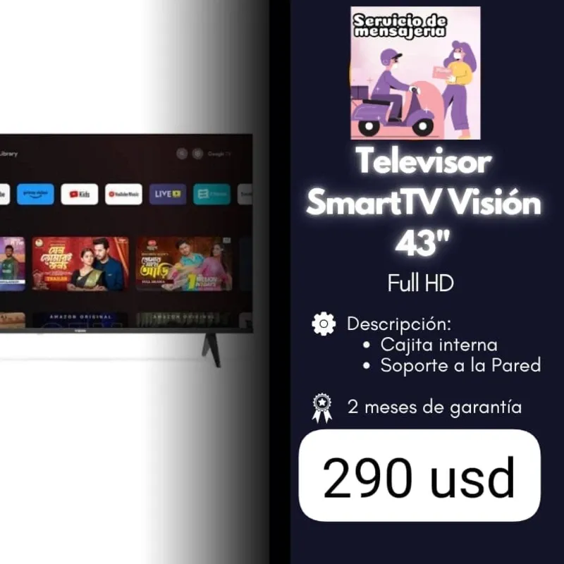 Smart TV 43" con cajita interna y soporte a la pared