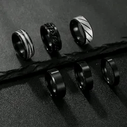 Set de 6 anillos negros de acero inoxidable para hombre