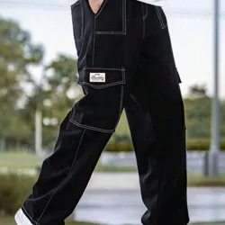 1 pieza Pantalón cargo de color liso y ajustado con múltiples bolsillos, adecuado para el verano, la playa, las vacaciones, el ir y venir diario, el entrenamiento, exteriores, uso casual, ejercicio, carrera, con pierna recta holgada y estilo callejero a la moda