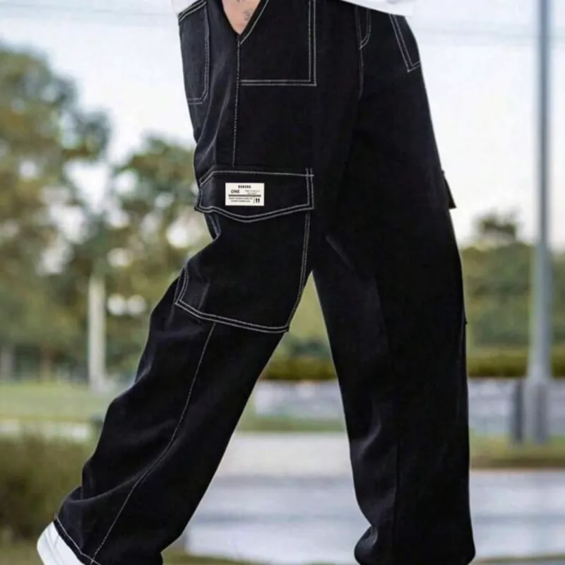1 pieza Pantalón cargo de color liso y ajustado con múltiples bolsillos, adecuado para el verano, la playa, las vacaciones, el ir y venir diario, el entrenamiento, exteriores, uso casual, ejercicio, carrera, con pierna recta holgada y estilo callejero a la moda