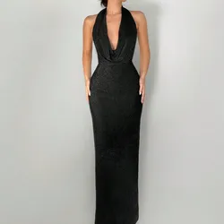 Aloruh Vestido largo negro con cuello drapeado y escote en la espalda, elegante y simple, para mujeres, vestido de bola/fiesta, vestido de graduación, vestido negro sexy con tela brillante y con lentejuelas, vestido formal
