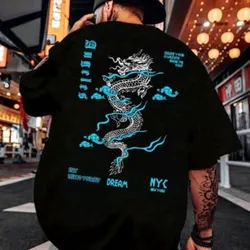 Camiseta casual de cuello redondo con estampado de dragón para hombres, apta para el tránsito diario
