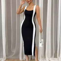 EMERY ROSE Vestido deslizante de largo medio elegante y casual con bloque de color negro y blanco para mujer, primavera/verano