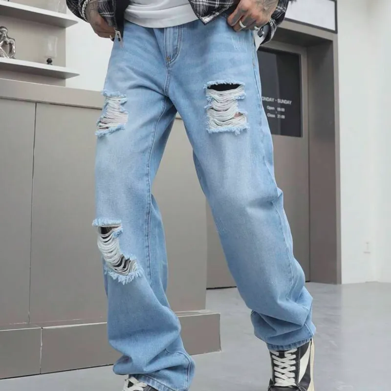 Manfinity Homme Jeans vaqueros rectos de ajuste holgado casual con roturas para hombre